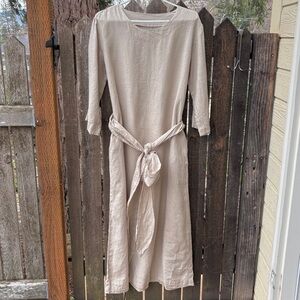 Linen 3/4 Sleeve Tie Waist Dress In Natural Sz M/L